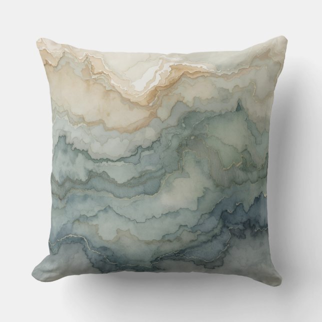 Salie Groene Stof Blauw Beige Abstracte Golven Kussen (Voorkant)