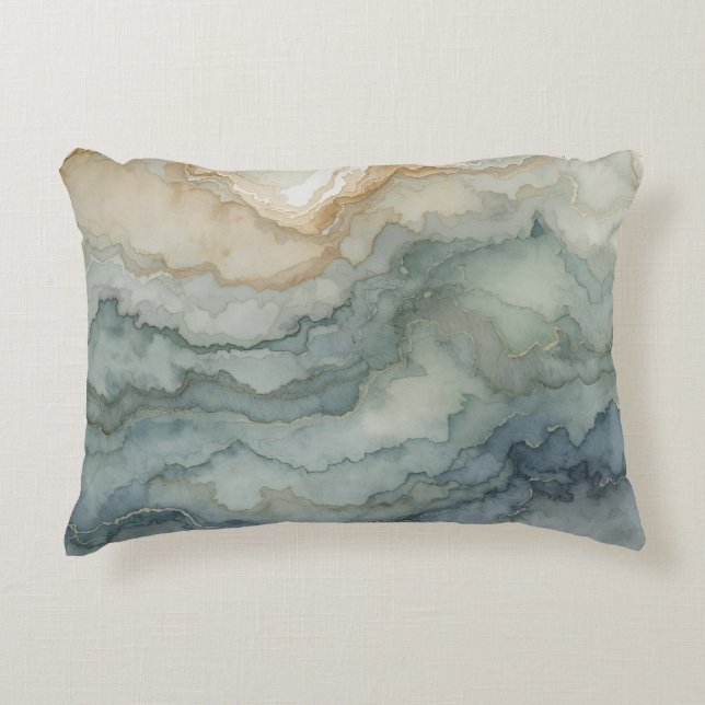 Salie Groene Stof Blauwe Beige Abstracte Golven Accent Kussen (Voorkant)
