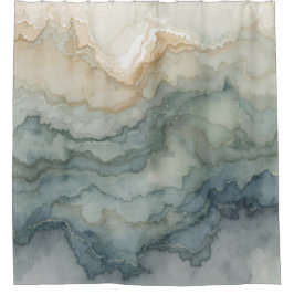 Salie Groene Stof Blauwe Beige Abstracte Golven Douchegordijn