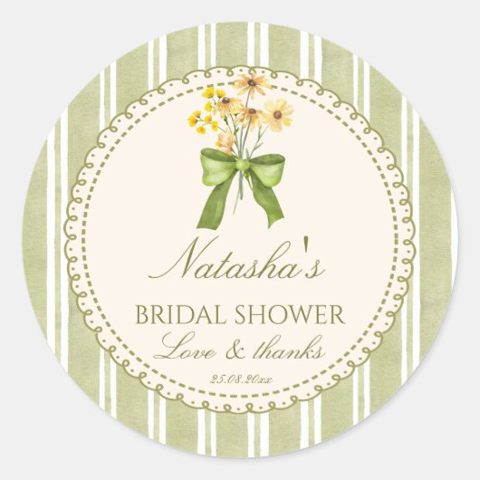 Salie groene strepen bruidsdouche geborduurd ronde sticker (Voorkant)