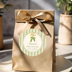 Salie groene strepen bruidsdouche met monogram ronde sticker