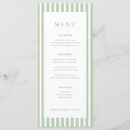 Salie Groene Strepen Trouwtafel Menu Kaarten (Voorkant)