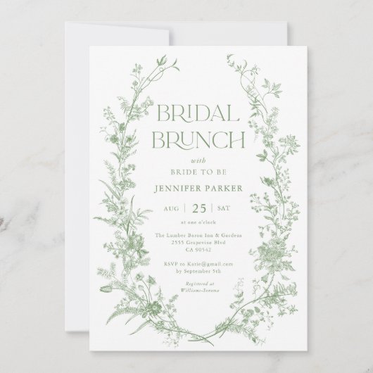 Salie Groene Toile Bloemrijke Bruids Brunch  Kaart (Voorkant)