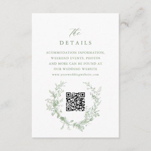 Salie Groene Toile Franse Bloemige QR Huwelijksdet Informatiekaartje (Voorkant)