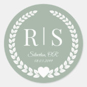 Salie Groene Trouw Monogram Initiaal Ronde Sticker (Voorkant)