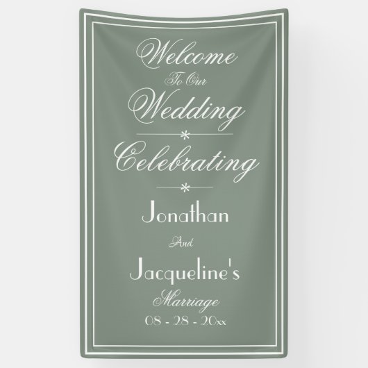 Salie Groene Trouw Witte Script Welkom Achtergrond Spandoek (Verticaal)
