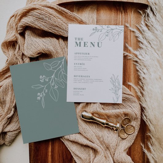 Salie Groene Trouwmenu met bloemschilderkunst Menu