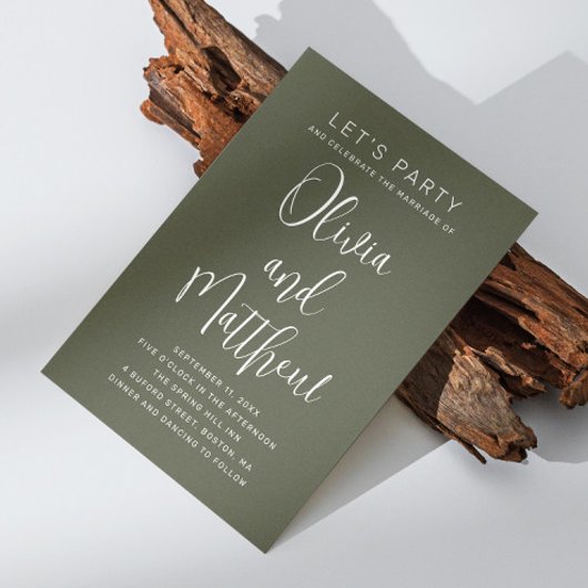 Salie groene typografie script bruiloft + QR detai Kaart