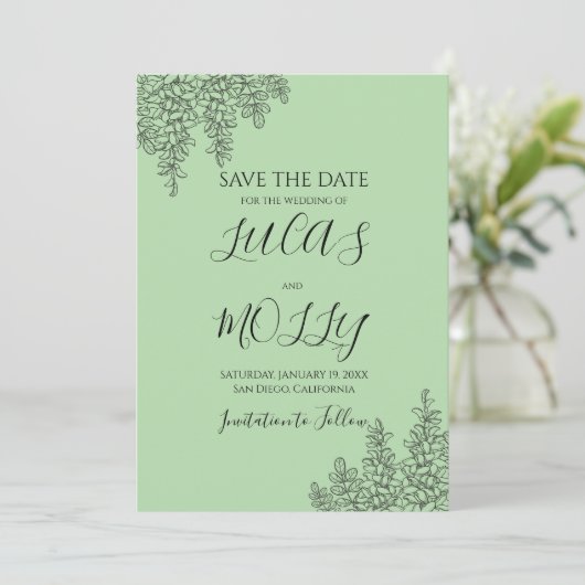 Salie Groene Varens Bruiloft Save The Date (Staand voorkant)