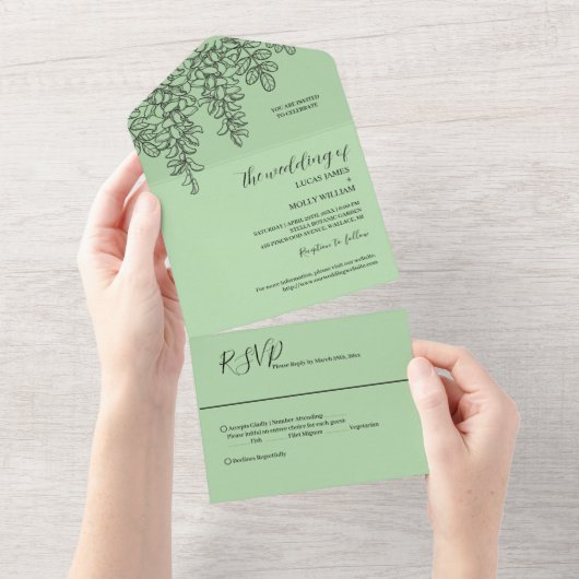 Salie Groene Varensblad Huwelijk All In One Uitnodiging (Afscheurbaar)