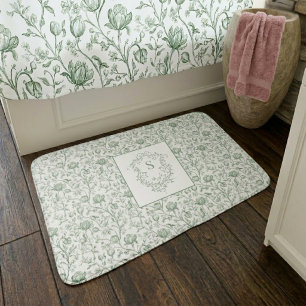 Salie Groene Vintage Bloemendruk Monogram Wapen Badmat