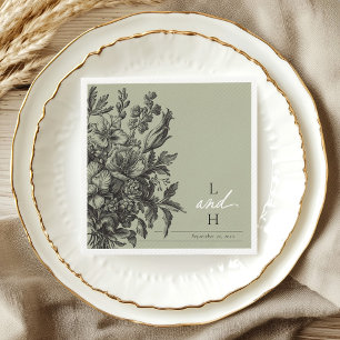 Salie Groene Vintage Bloemige Monogram Bruiloft Servet