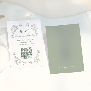 Salie Groene Vintage Bloemige QR Spaanse Huwelijk  Informatiekaartje