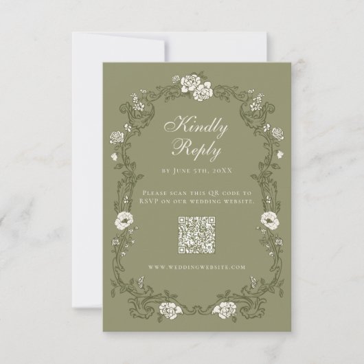 Salie Groene Vintage Botanische QR Code RSVP Kaartje (Voorkant)