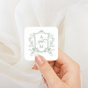 Salie Groene Vintage Crest Trouwen Vierkante Sticker