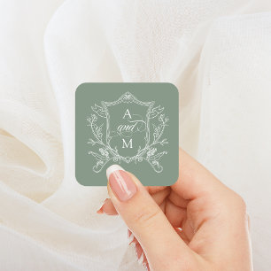 Salie Groene Vintage Crest Trouwen Vierkante Sticker
