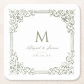 Salie Groene Vintage Lijst Elegant Trouw Monogram Kartonnen Onderzetters (Voorkant)