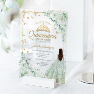 Salie Groene Waterverfrozen Gouden Quinceanera Acryl Uitnodigingen