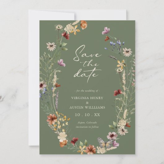 Salie Groene Wilde Bloem Bewaar De Datum Plat Kaar Save The Date (Voorkant)