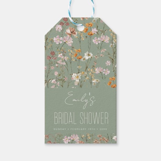 Salie Groene Wilde Bloem Boho Bruidsdouche In Bloe Cadeaulabel (Voorkant)