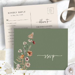 Salie Groene Wilde Bloem Bruiloft RSVP Postkaart