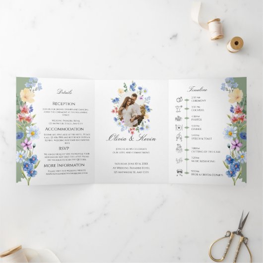 Salie Groene Wilde Bloem Drievoudige Trouw Uitnodi Drieluik Programma (Binnen)