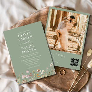Salie Groene Wilde Bloem QR Code Foto Boho Bruilof Kaart
