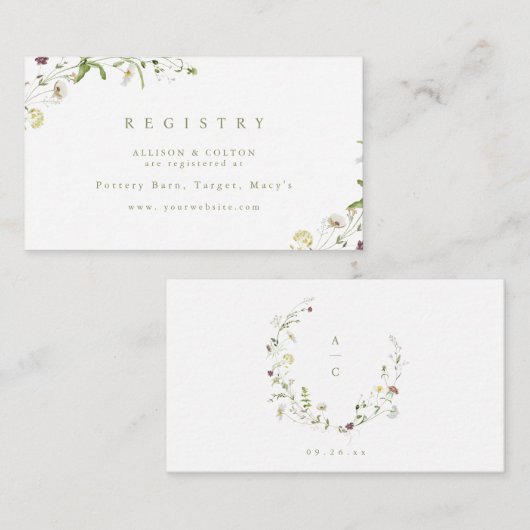 Salie Groene Wilde Bloem Rustieke Boho Bruidslijst Informatiekaartje (Voorkant / Achterkant)