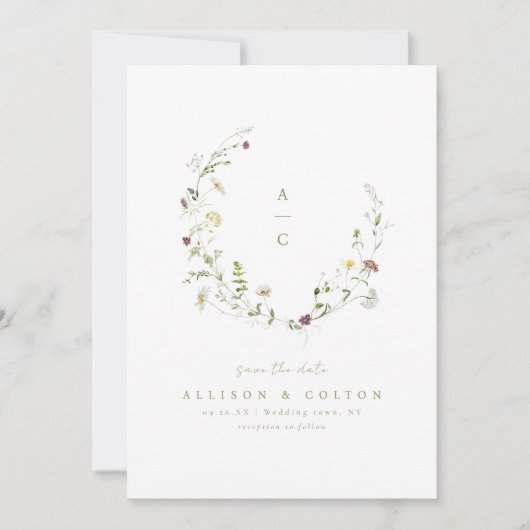 Salie Groene Wilde Bloem Rustieke Boho Trouwmonogr Save The Date (Voorkant)