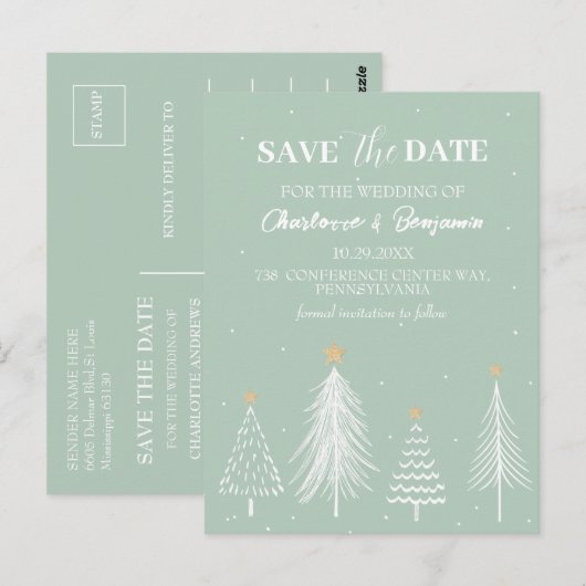Salie Groene Winter Kerstmis Save the Date Huwelij Briefkaart (Voorkant / Achterkant)