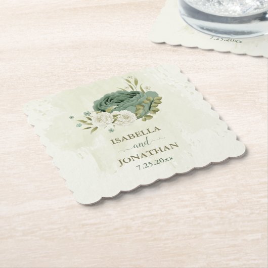 Salie groene witte bloemen bruiloft kartonnen onderzetters (Gebogen)