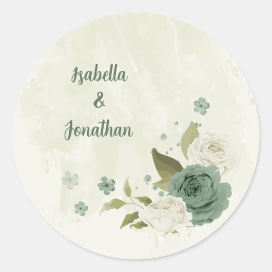 Salie groene witte bloemen bruiloft ronde sticker (Voorkant)