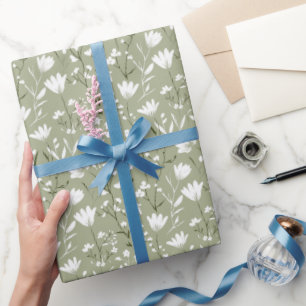 Salie Groene Witte Bloemige Bruiloft Feest  Cadeaupapier