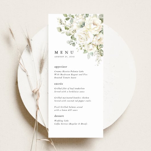 Salie Groene Witte Bloemige Waterverf Trouw Diner Menu