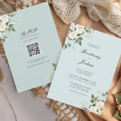Salie Groene Witte Bloemrijke Script QR Code Trouw Kaart