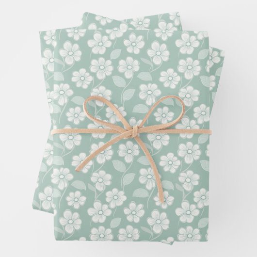 Salie Groene Witte Boho Bloemen Baby Shower Verjaa Inpakpapier Vel (In situ)