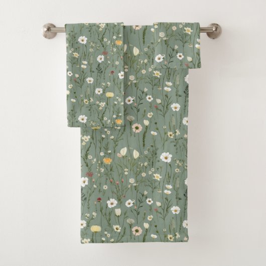 Salie Groene Witte Gele Wilde Bloemen Boho Trendy Bad Handdoek (Insitu)