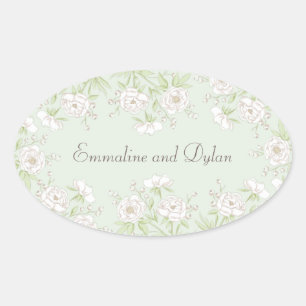 Salie Groene Witte Roos Trouwdag Ovale Sticker