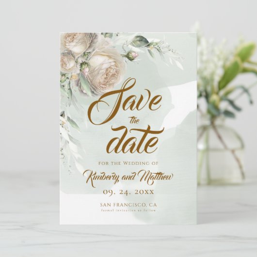 Salie Groene Witte Roos Trouwdag Save The Date (Staand voorkant)