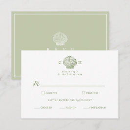 Salie Groene Zeeschelp Monogram Huwelijk RSVP Kaar Informatiekaartje