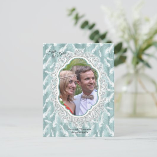 Salie Groene zijde & goud, witte flamingo, schitte Aankondigingskaart (Staand voorkant)