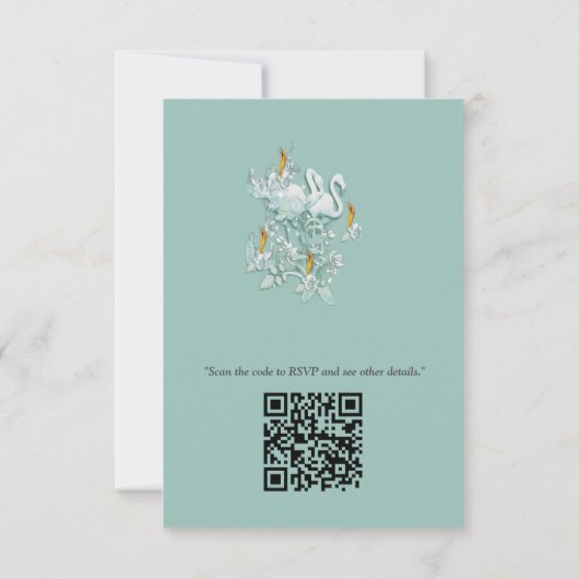 Salie Groene zijde & goud, witte flamingo, schitte RSVP Kaartje (Achterkant)