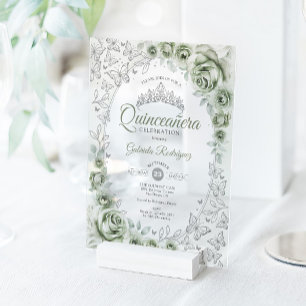Salie Groene Zilveren Bloemige Quinceanera Acryl Uitnodigingen