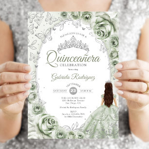 Salie Groene Zilveren Bloemige Quinceanera Kaart