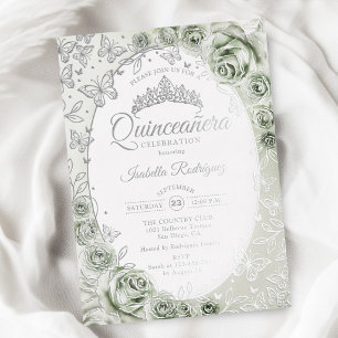 Salie Groene Zilveren Bloemstuk Quinceanera Folie Uitnodiging