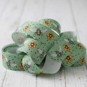 Salie Groene Zoemende Bijen & Cosmos Bloemen Bloei Grosgrain Lint