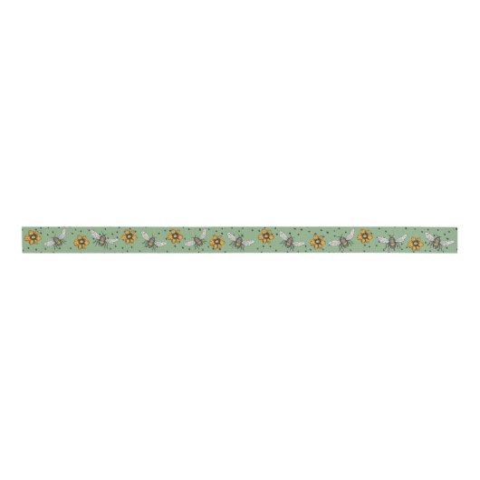 Salie Groene zoemende Bijen & Kosmos Bloemen Bloem Grosgrain Lint (Voorkant)