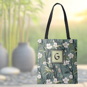 Salie Groene Zwarte Bloemige Japanse Stijl Monogra Tote Bag
