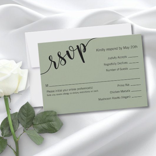 Salie Groene Zwarte Script Minimalistische Reactie RSVP Kaartje