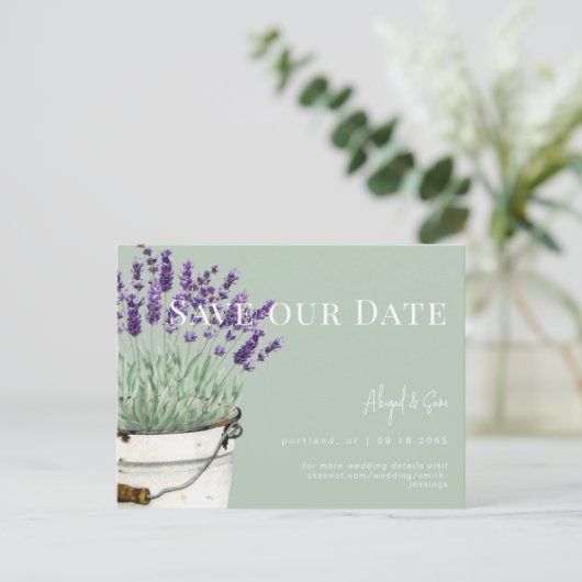  Salie & Lavendel Bruiloft Save Our Date Briefkaart (Staand voorkant)